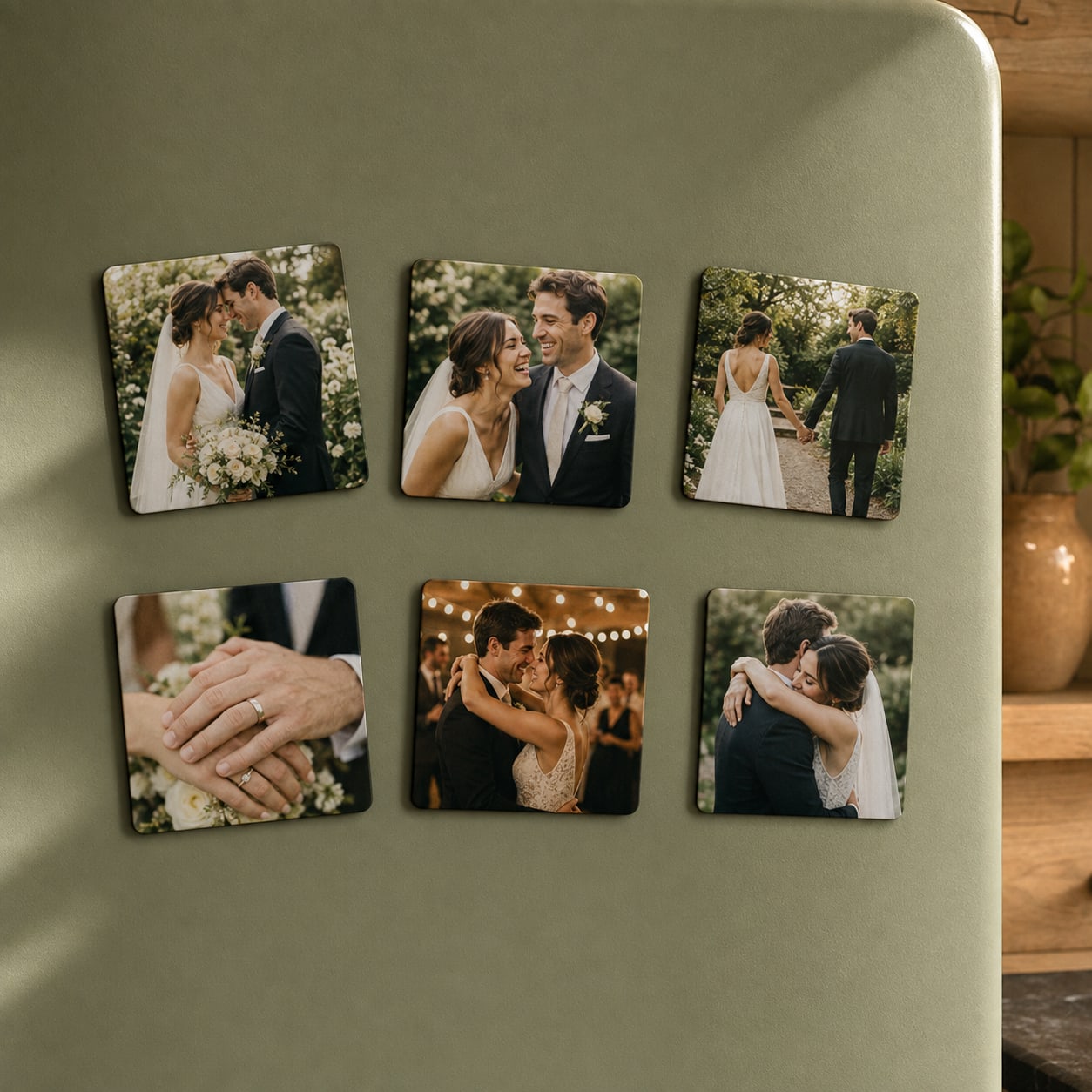 Custom photo magnets showing six wedding memories on a sage green fridge