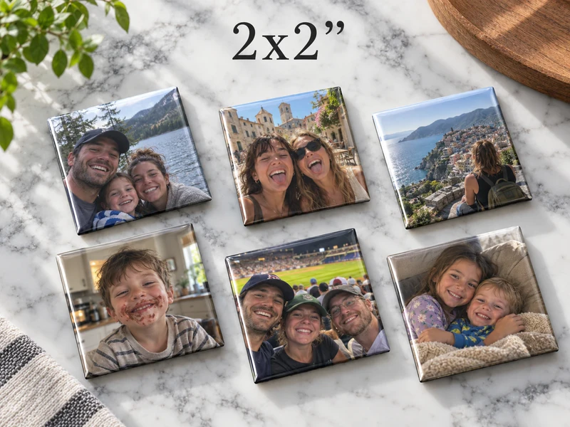 2x2 square photo magnets showing family, friends, and travel photos