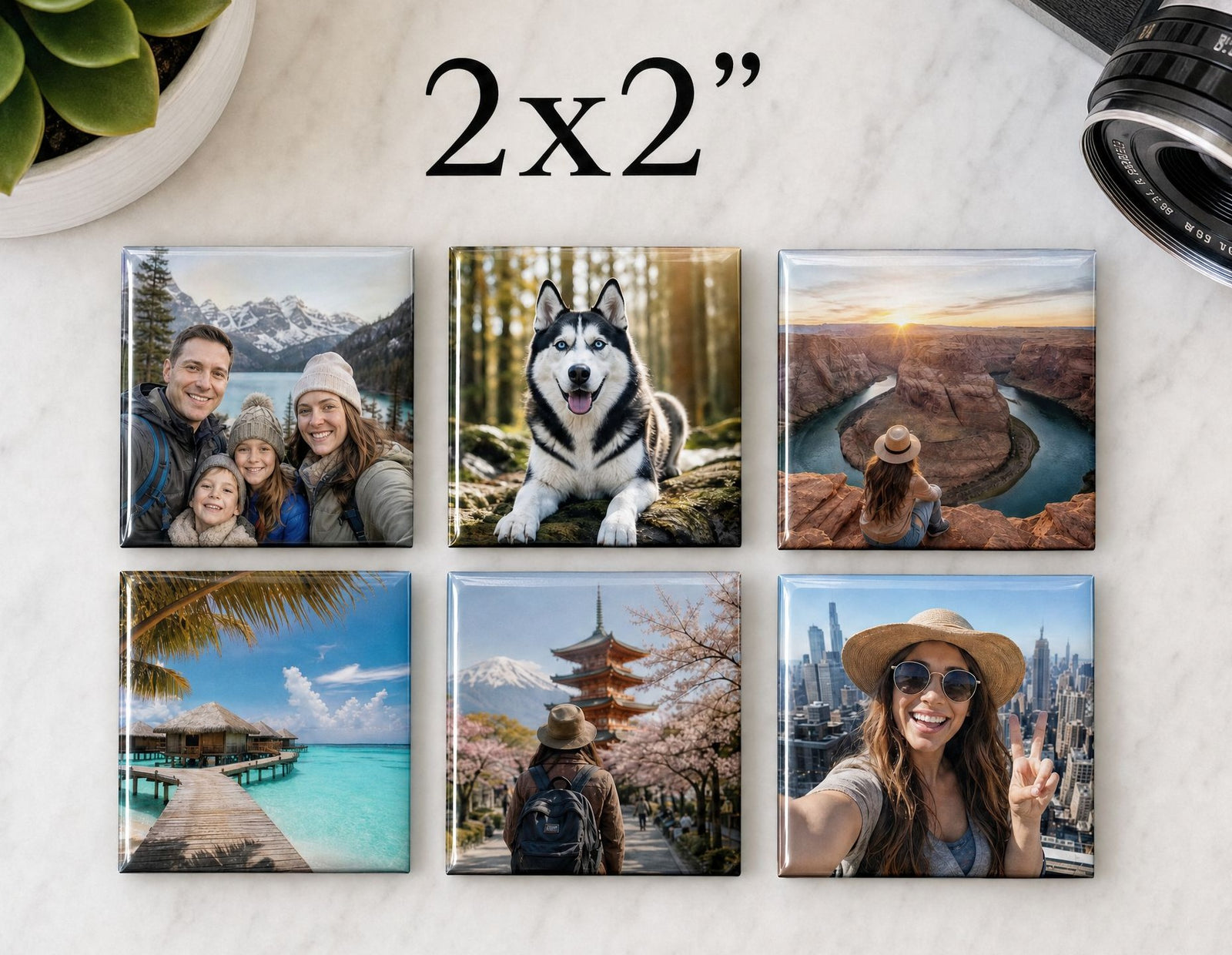 Mini photo magnets in a 2 by 2 inch square set showing family, pet, and travel photos