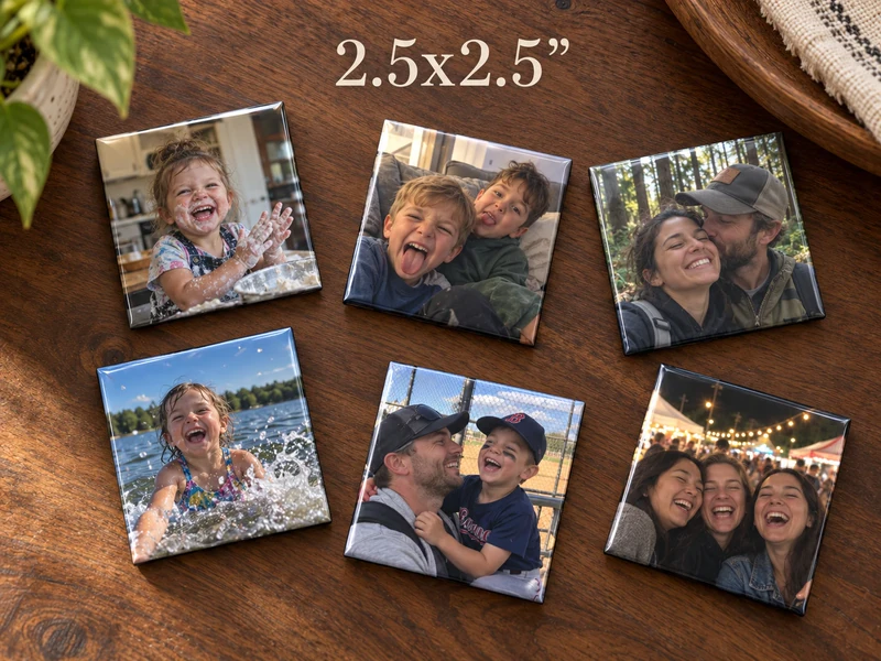2.5 inch square photo magnets showing family and friends photos