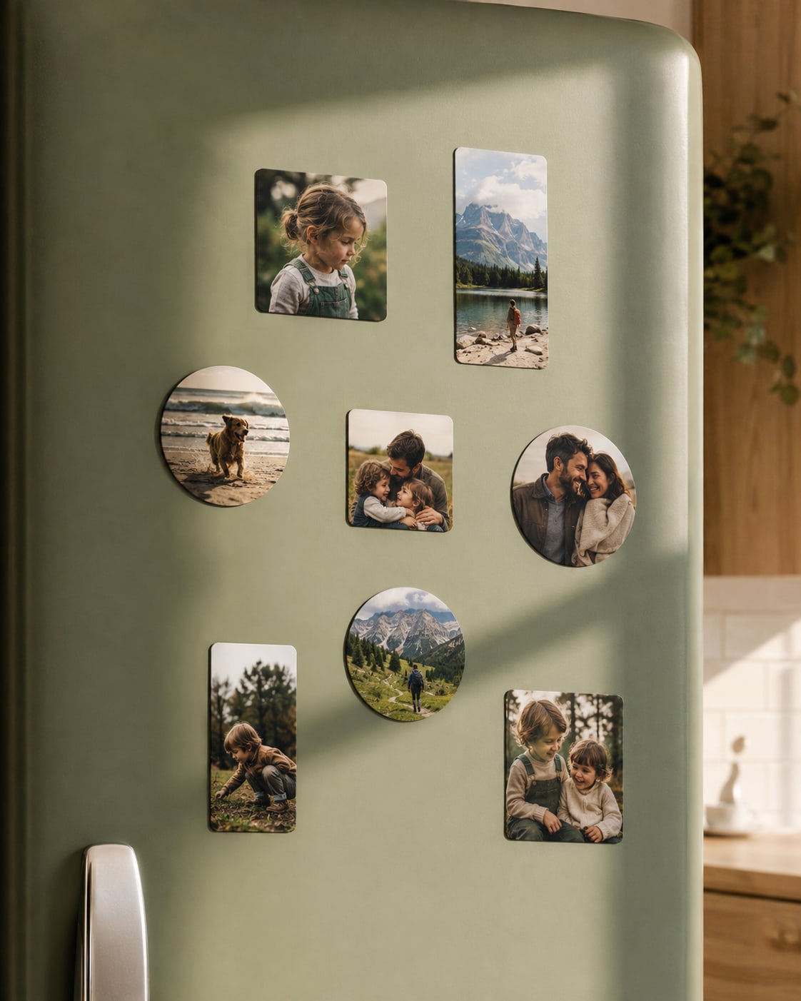 Photo magnets with family, wedding, and pet pictures displayed on a fridge